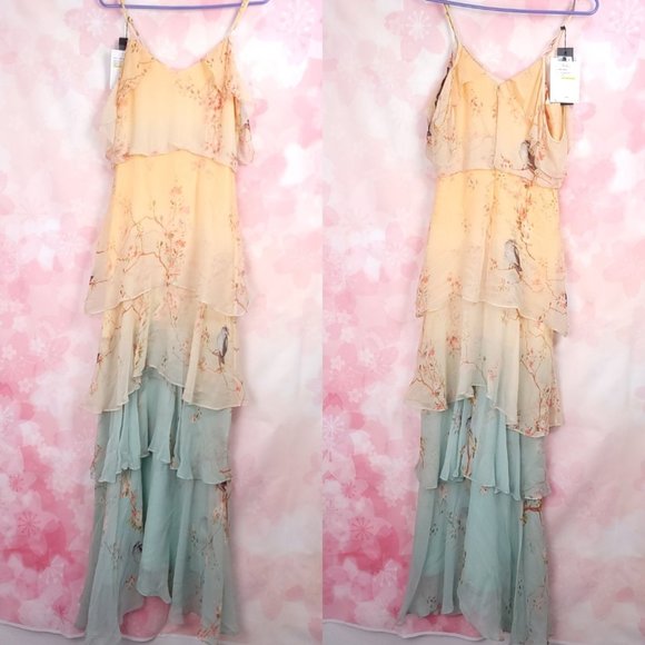 Parker Abby Cold-Shoulder Tiered Silk Georgette Gown Cherry Blossom Size XS - Picture 5 of 12